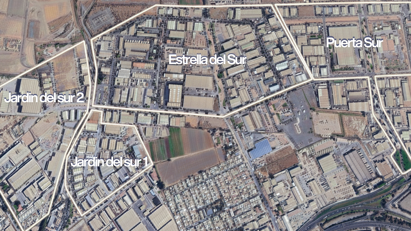Mapa de la zona sur de Santiago con los parques industriales asociados a AESS.
